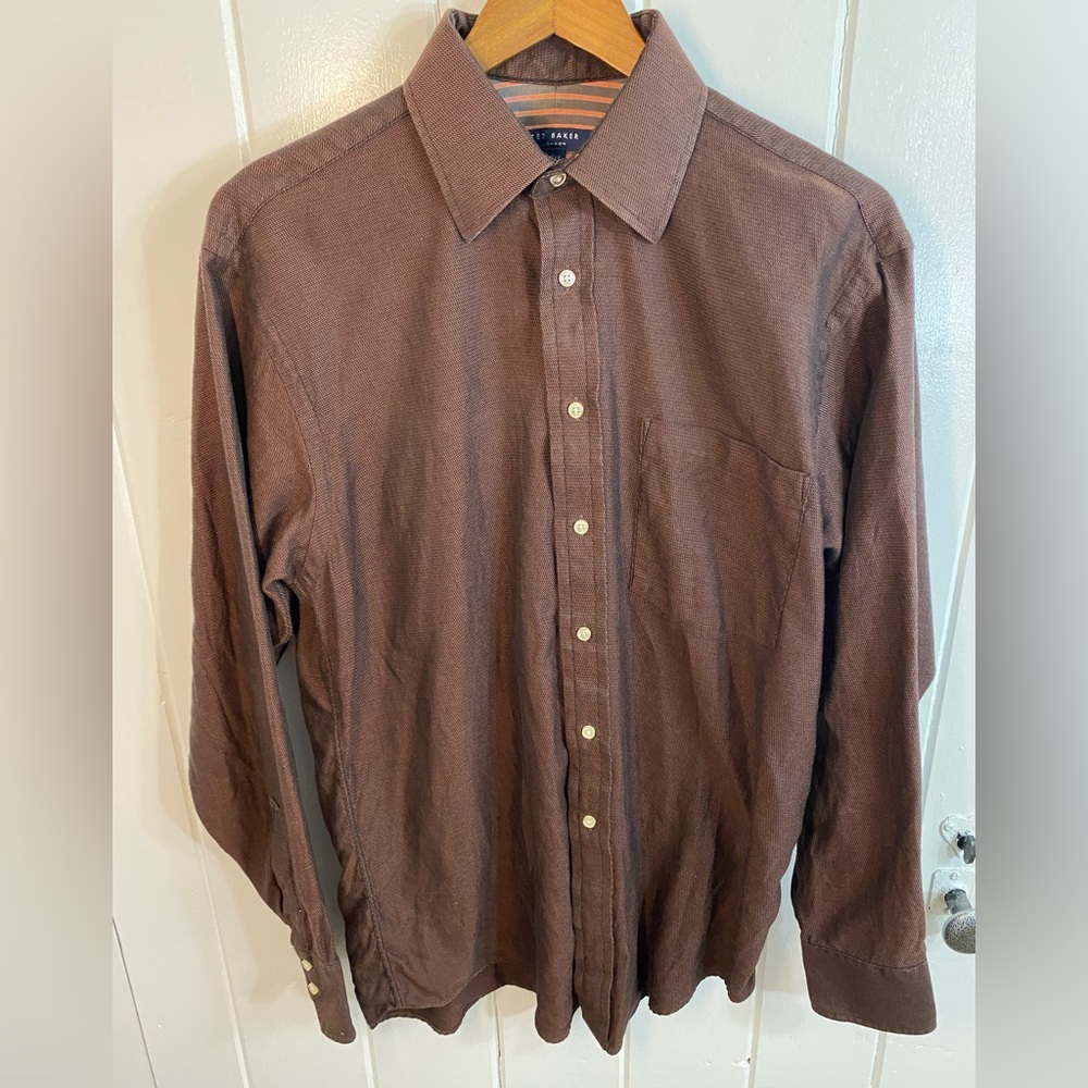 Ted Baker 100% Cotton Men’s Button Up Shirt‎ Brown Size 151/2 34/35